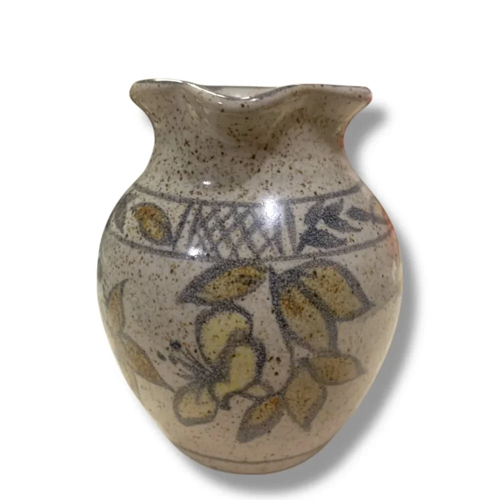 Studio Pottery VTG Mini Ceramic Pitcher Floral Tan Blue Accents 5’ Artist Signed